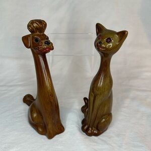 Vintage MCM ‘Wooden’ Kitschy Cat and Poodle Pair